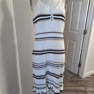 Chic White and Black Striped Midi Dress